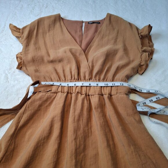 Zara Tie Waist Mini Dress Sz M Elastic Waist Safari Minimalist Neutral Boho - Picture 12 of 16